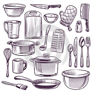 Kitchen utensils. Sketch cooking equipment. Frying pan, knife and fork, spoon and bowl, cup and glass, cutting board photo