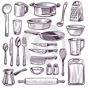 Kitchen utensils. Sketch cooking tools. Pan, knife and fork, spoon and grater, cup and glass, cutting board hand drawing