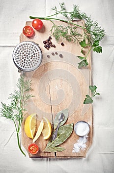 Kitchen utensils, spices and herbs for cooking fish