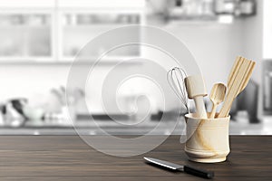 Kitchen utensils on the table in the kitchen. 3D render