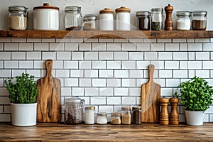 Kitchen utensils, tools and dishware on the background white tile wall. Interior, modern kitchen space