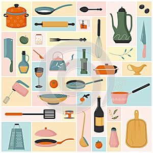 Kitchen utensils, tools and equipment set, chefs kitchenware collection with whisk pot