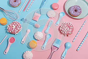 Kitchen utensils and tools, pastries and sweets on a pink and blue background. Top view. Copy space