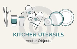 Kitchen utensils vector isolated set. Plastic plates, straws, potholders, disposable paper cups line illustration logo