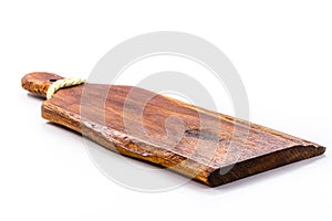 Kitchen utensils, vintage wooden chopping board, isolated white background