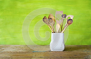 Kitchen utensils, wooden spoons,