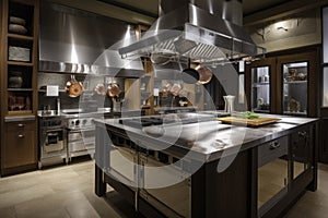 a kitchen with a variety of cooking stations, from traditional ranges and ovens to customized grills and smokers