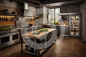 a kitchen with a variety of cooking stations, from traditional ranges and ovens to customized grills and smokers