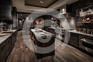 a kitchen with a variety of cooking stations, from traditional ranges and ovens to customized grills and smokers