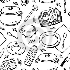 Kitchen vector pattern, seamless collection of hand drawn kitchen related objects