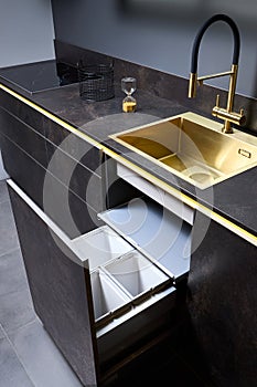 Kitchen waste bin cabinet. Pull out kitchen drawer for waste bin separate waste collection under golden sink basin and