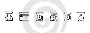 Kitchen weight scale icon vector set. Kitchen scale ware flat line icon illustration collection