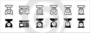 Kitchen weight scale icon vector set. Kitchen scale ware flat line icon illustration collection