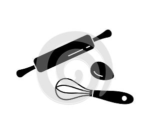 Kitchen whisk, rolling pin and chicken egg. Silhouette icons set for dough preparation. Black simple illustration of cooking. photo