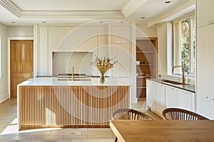 A kitchen with white cabinets and wood slat island.