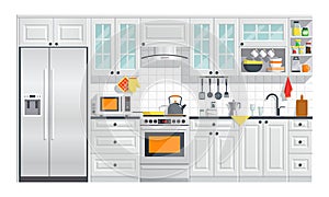 Kitchen white furniture with appliances illustration.