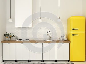 Kitchen with white furniture and a yellow fridge