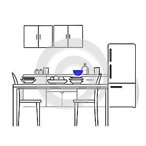 A kitchen with a white refrigerator and blue cabinets