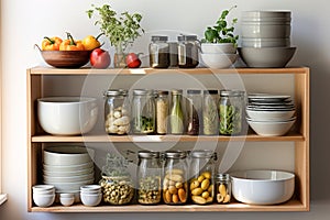 A kitchen white wall with shelves topped with lots of bottles, bowls and jars with spices and products.