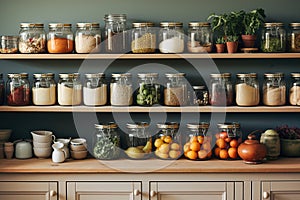 A kitchen white wall with shelves topped with lots of bottles, bowls and jars with spices and products.