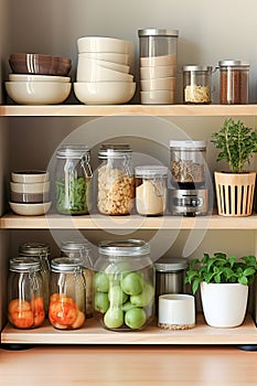 A kitchen white wall with shelves topped with lots of bottles, bowls and jars with spices and products.