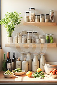 A kitchen white wall with shelves topped with lots of bottles, bowls and jars with spices and products.