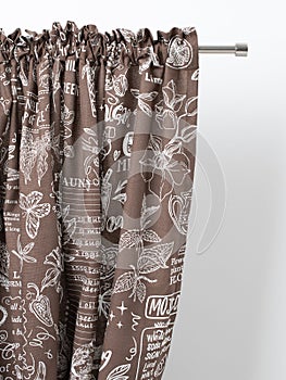 kitchen window curtains made of chocolate-colored cotton fabric, isolated