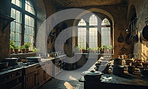 A kitchen with a window and a sink, with pots and pans on the counter.