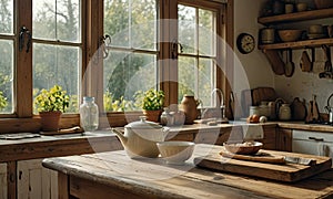 A kitchen with a window and a table with tea and bowls on it.