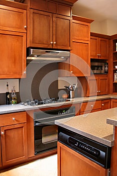 Kitchen wood cabinets black and stainless stove