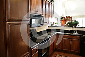 Kitchen wood cabinets black and stainless stove photo