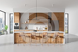 kitchen with wooden cabinetry, bar stools and a city view, bright natural light, concept of urban living. 3D Rendering