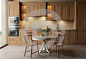 Kitchen with wooden cabinets and a dining table. High quality illustration 3d rendering retro vintage style.