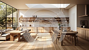 A kitchen with wooden cabinets and wooden table