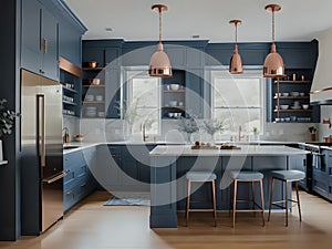 a kitchen with wooden floors and blue cabinets