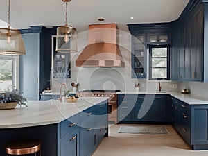 a kitchen with wooden floors and blue cabinets