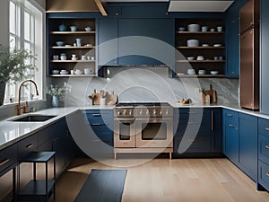 a kitchen with wooden floors and blue cabinets