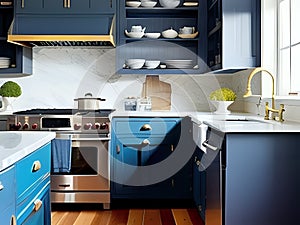 a kitchen with wooden floors and blue cabinets