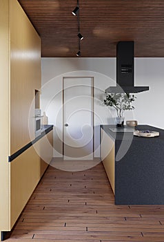 3d rendering of a kitchen with an island and black bar stools.