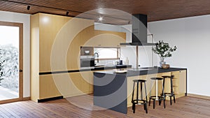 3d rendering of a kitchen with an island and black bar stools.