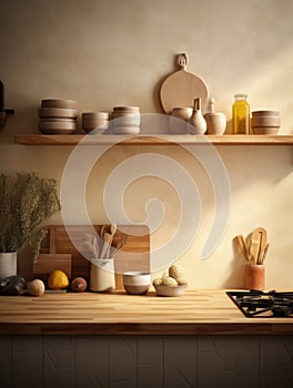 Kitchen with wooden shelves and pots and pans