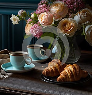 Kitchen wooden table with croissants, fresh coffee and a vase of flowers. Generative AI