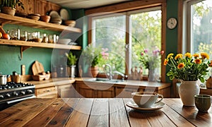 A kitchen with a wooden table and a cup of coffee on it.