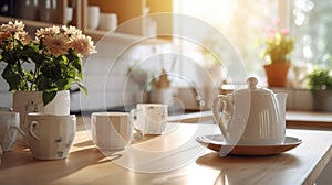 Kitchen wooden table top with breakfast at morning time. Generative AI