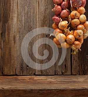 Kitchen wooden table wall background onions brunch