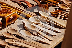 Kitchen wooden utensils cutlery close up