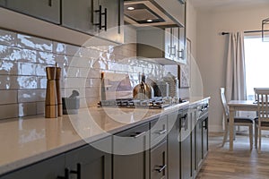 Kitchen work area with cabinets cooktop countertop and tile backsplash