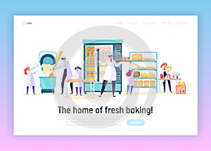 Kitchen Worker Make Bakery Product Landing Page. Happy Male and Female Chef Character Prepare Meal. Fresh Bakery Design