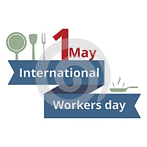 Kitchen workers day banner with text and kitchen utensils on a white background