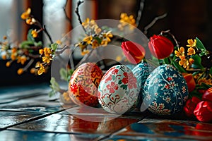 A kitchen worktop adorned with Easter festive decorations.